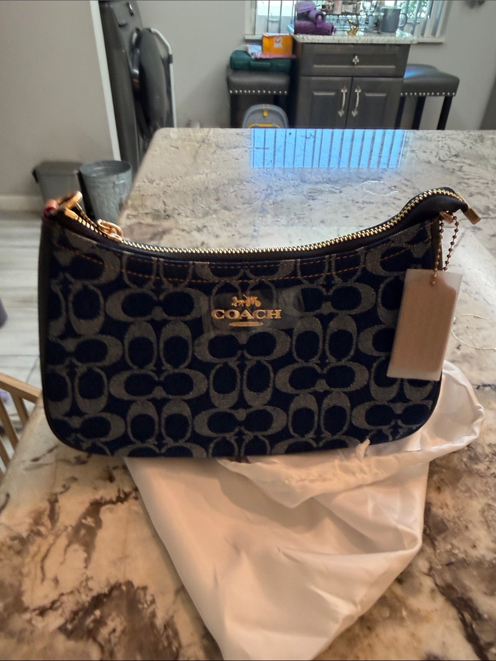Coach Navy Logo Jacquard Mini Shoulder Bag with Tan Strap